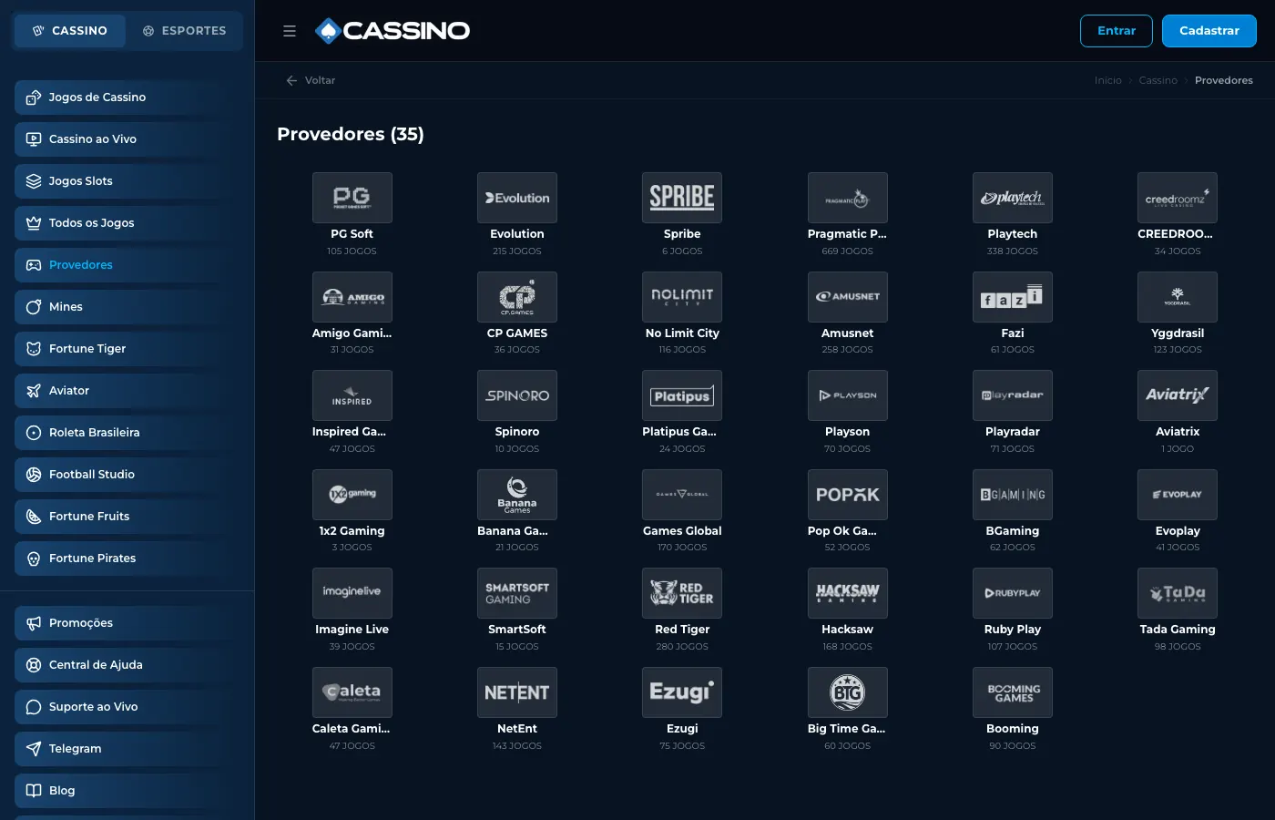 Lista de provedores na Cassino.bet: PG Soft, Evolution, Spribe, Pragmatic Play