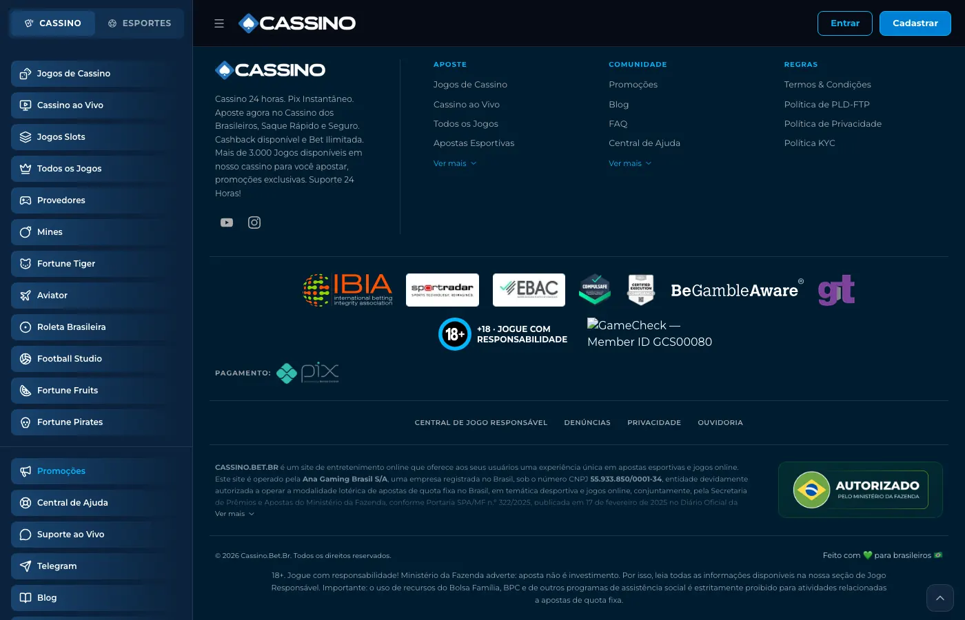 Rodapé da Cassino.bet com Pix como forma de pagamento e o selo de autorização